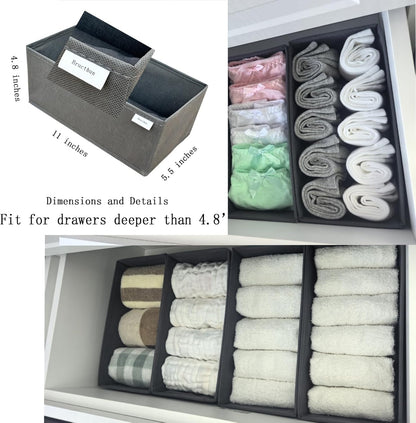 Bructhun Foldable Fabric Drawer Organizer Set 4 Pack Dresser Dividers - Sock Underwear Storage Bins Gray