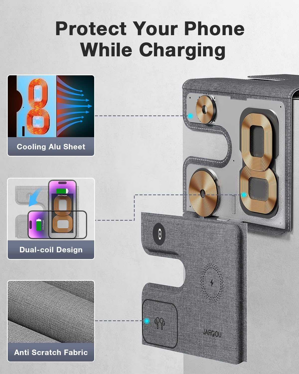 JARGOU 3 in 1 Charging Station for Apple Wireless Charger for iPhone 17 16e 16 15 14 13 12 11 X 8 & for iWatch Charger Wireless Charging Station for Multiple Devices for AirPods 2/3/4/Pro/Pro 2/Pro 3