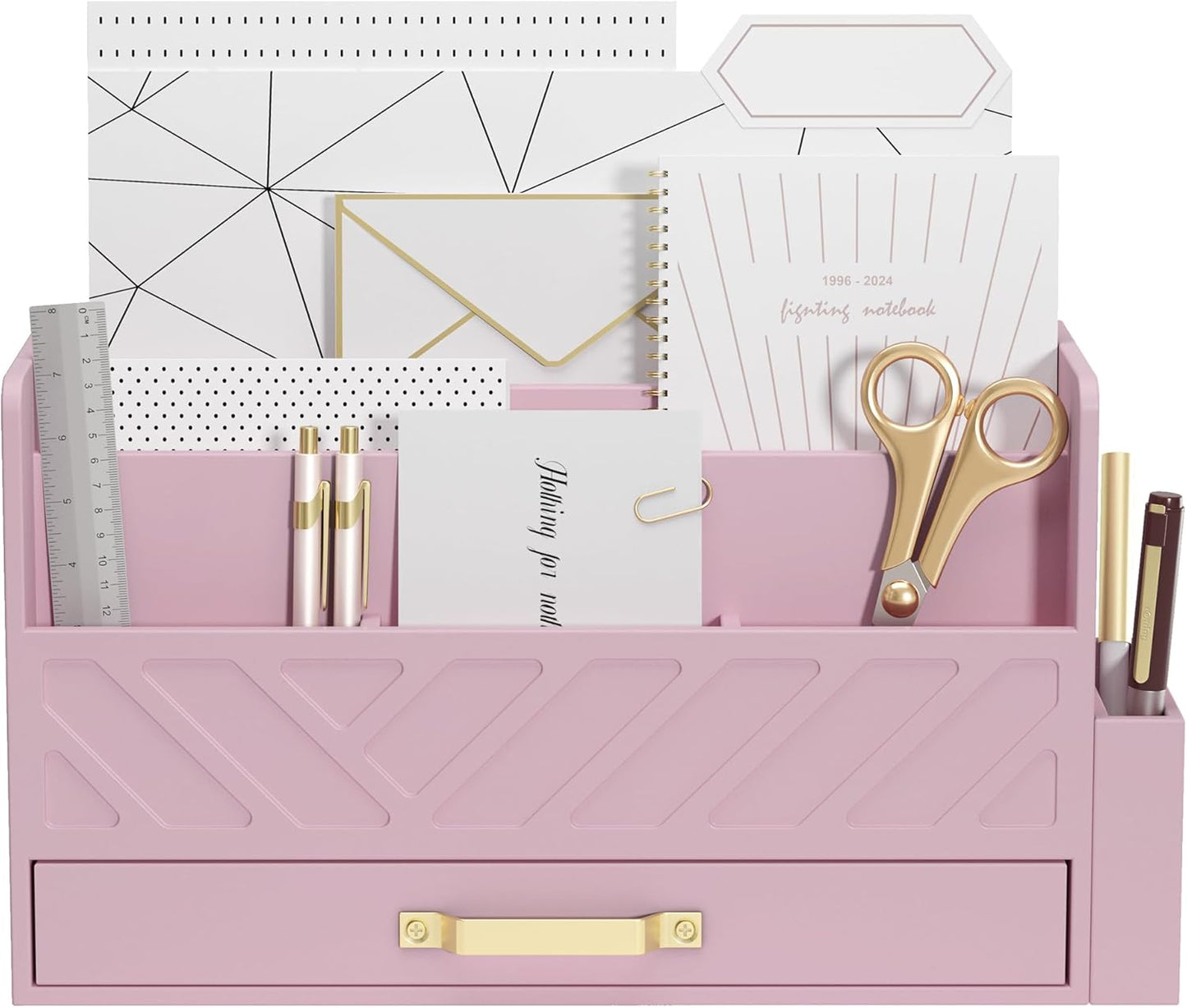WISUCART Bamboo Desk Organizer Mail Holder Countertop Wood Desk Drawer Tabletop Storage Box Pen Holder Letter Sorter Makeup Organizer for School Home Office Supplies with Pen Holder White