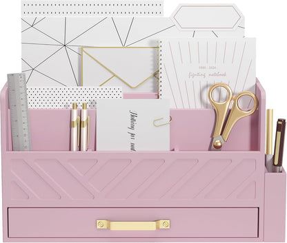 WISUCART Bamboo Desk Organizer Mail Holder Countertop Wood Desk Drawer Tabletop Storage Box Pen Holder Letter Sorter Makeup Organizer for School Home Office Supplies with Pen Holder White
