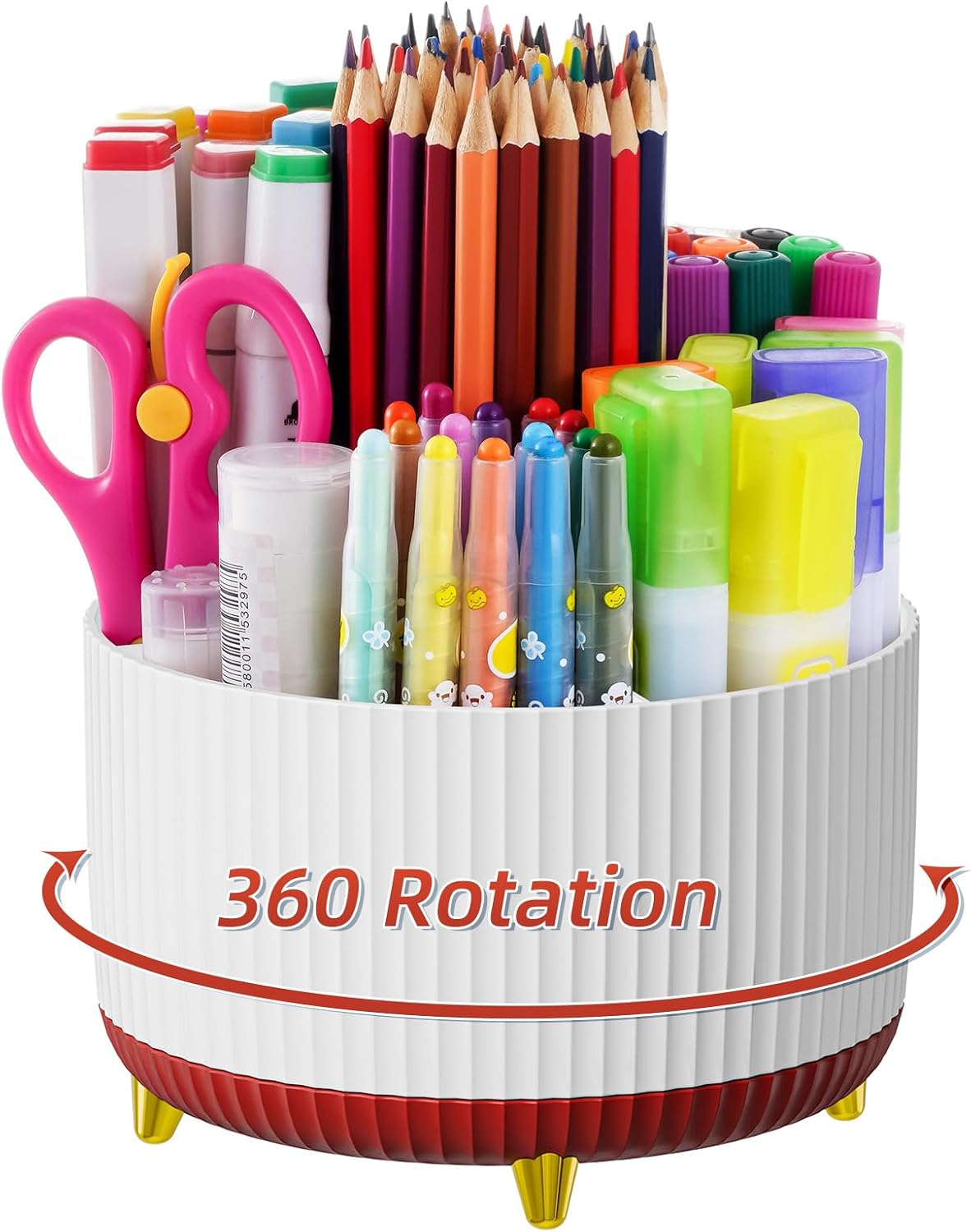 Marbrasse Desk Organizer, 360-Degree Rotating Pen Holder, Desk Organizers and Accessories with 5 Compartments Pencil Holder, Art Supply Storage Box Caddy for Office, Home（White）