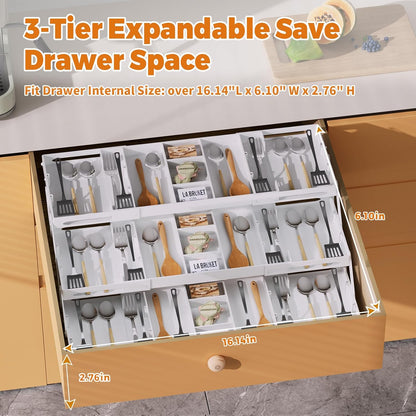 3 Tier Drawer Organizer - Expandable Junk Drawer Organizers Smart Office Supply Organizer, Folding Drawer Storage Multi-level Desk Organizer for Makeup,Jewelry,Cosmetics,Kitchen Storage (1 Row 3 Tier)