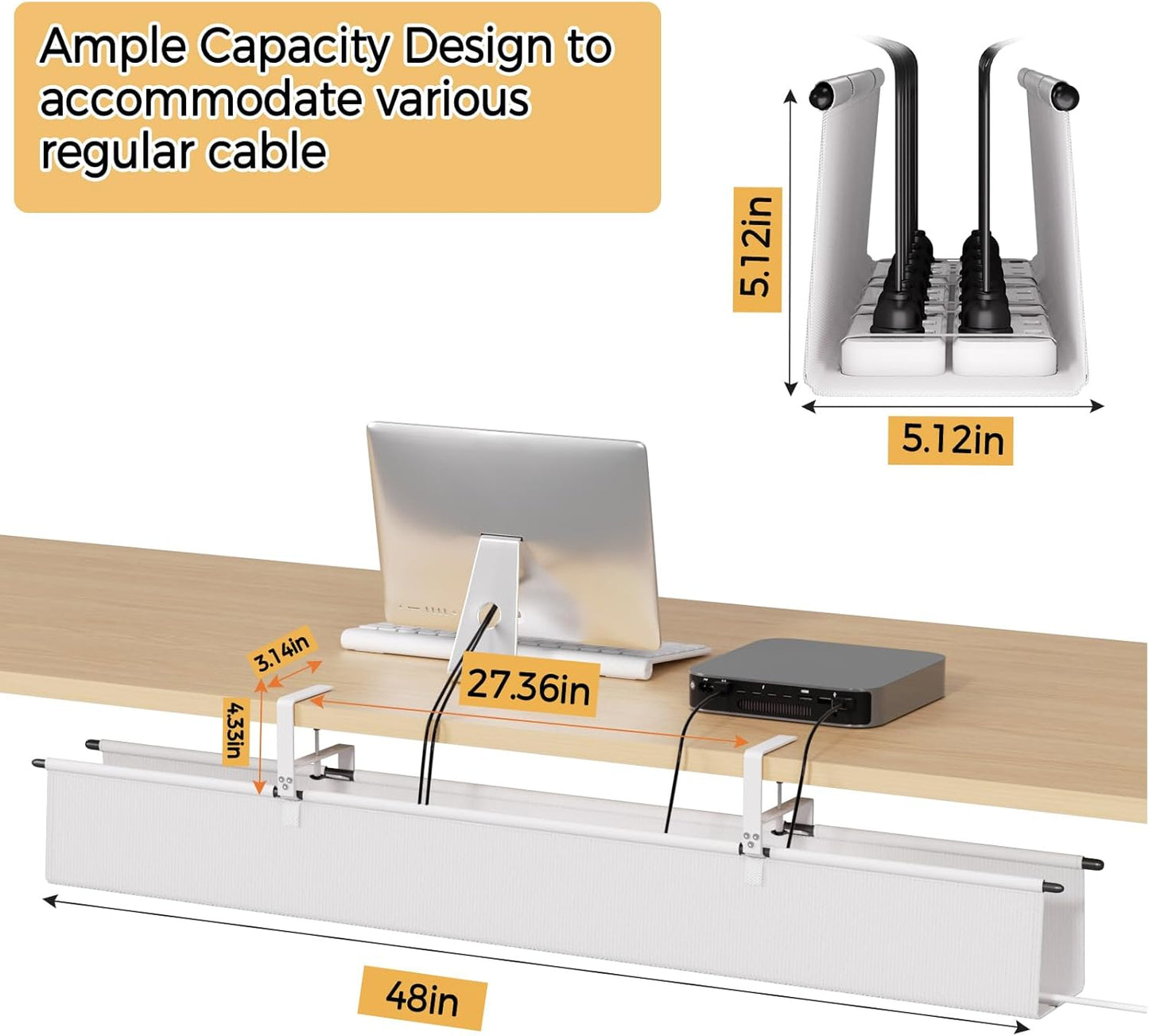 Under Desk Cable Management Tray - 36" Cord Organizer for Desk No Drill, Fabric Under Table Wire Organizer with 16X Cable Ties Hide for Office/Home, Cord Hider Fits Adapters & Sockets, White