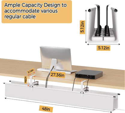 Under Desk Cable Management Tray - 36" Cord Organizer for Desk No Drill, Fabric Under Table Wire Organizer with 16X Cable Ties Hide for Office/Home, Cord Hider Fits Adapters & Sockets, White