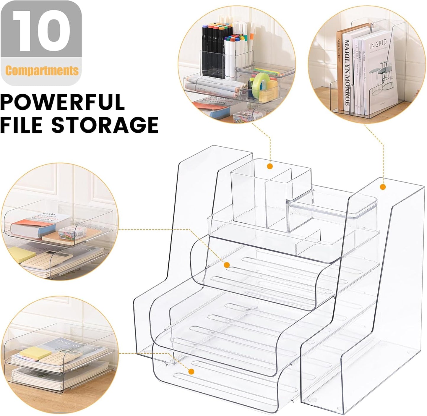 CiWiVOKi Desk Organizer with 2 Vertical File Holder, 4 Tier Stackable Paper Letter Tray File Organizer with 5-Compartments Pen Holder, Clear Desktop Organizer Office Organization and Storage