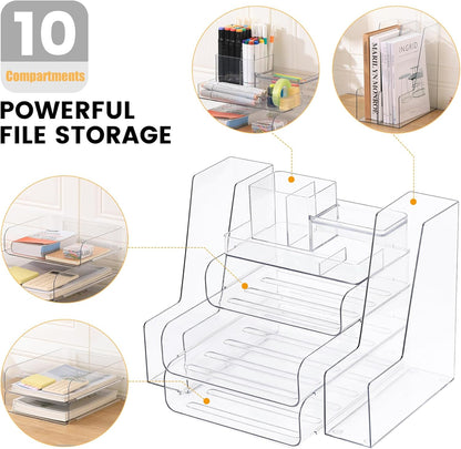CiWiVOKi Desk Organizer with 2 Vertical File Holder, 4 Tier Stackable Paper Letter Tray File Organizer with 5-Compartments Pen Holder, Clear Desktop Organizer Office Organization and Storage