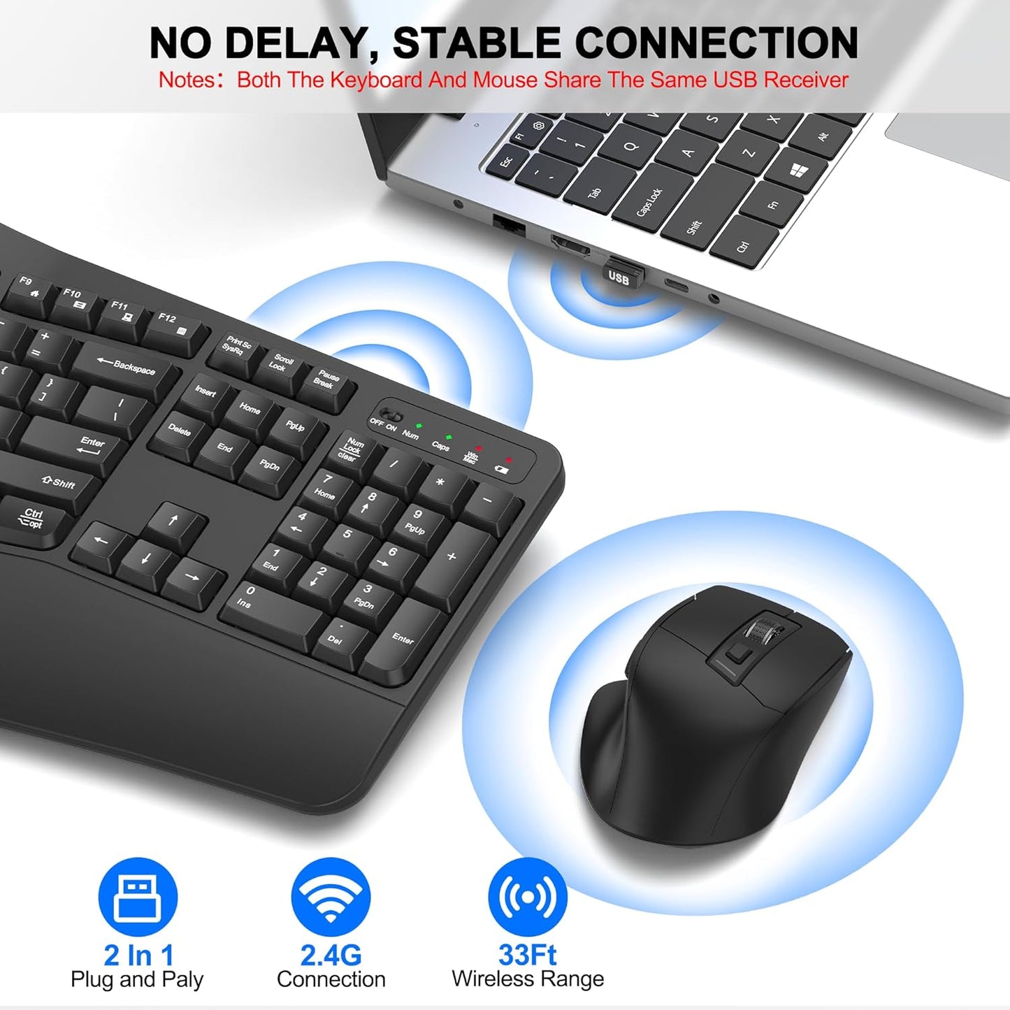 Wireless Keyboard and Mouse Combo, 2.4G Full Size Wave Keys Ergonomic Keyboard with Wrist Rest and 3-Level DPI Adjustable Wireless Ergonomic Mouse for Windows, Mac OS Desktop/Laptop/PC(Black)