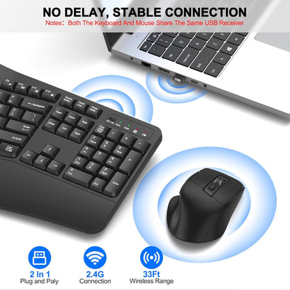 Wireless Keyboard and Mouse Combo, 2.4G Full Size Wave Keys Ergonomic Keyboard with Wrist Rest and 3-Level DPI Adjustable Wireless Ergonomic Mouse for Windows, Mac OS Desktop/Laptop/PC(Black)