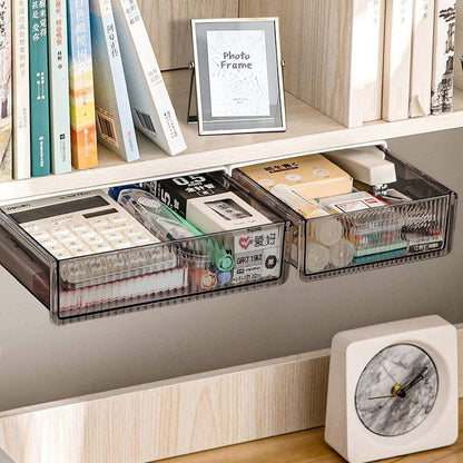 2Pcs Under Desk Storage Drawers Slide Out,Large&Medium, Stick On Desk Drawer Organizer Hidden Under Table Drawer for Home Office School Organization and Storage-Transparent Black