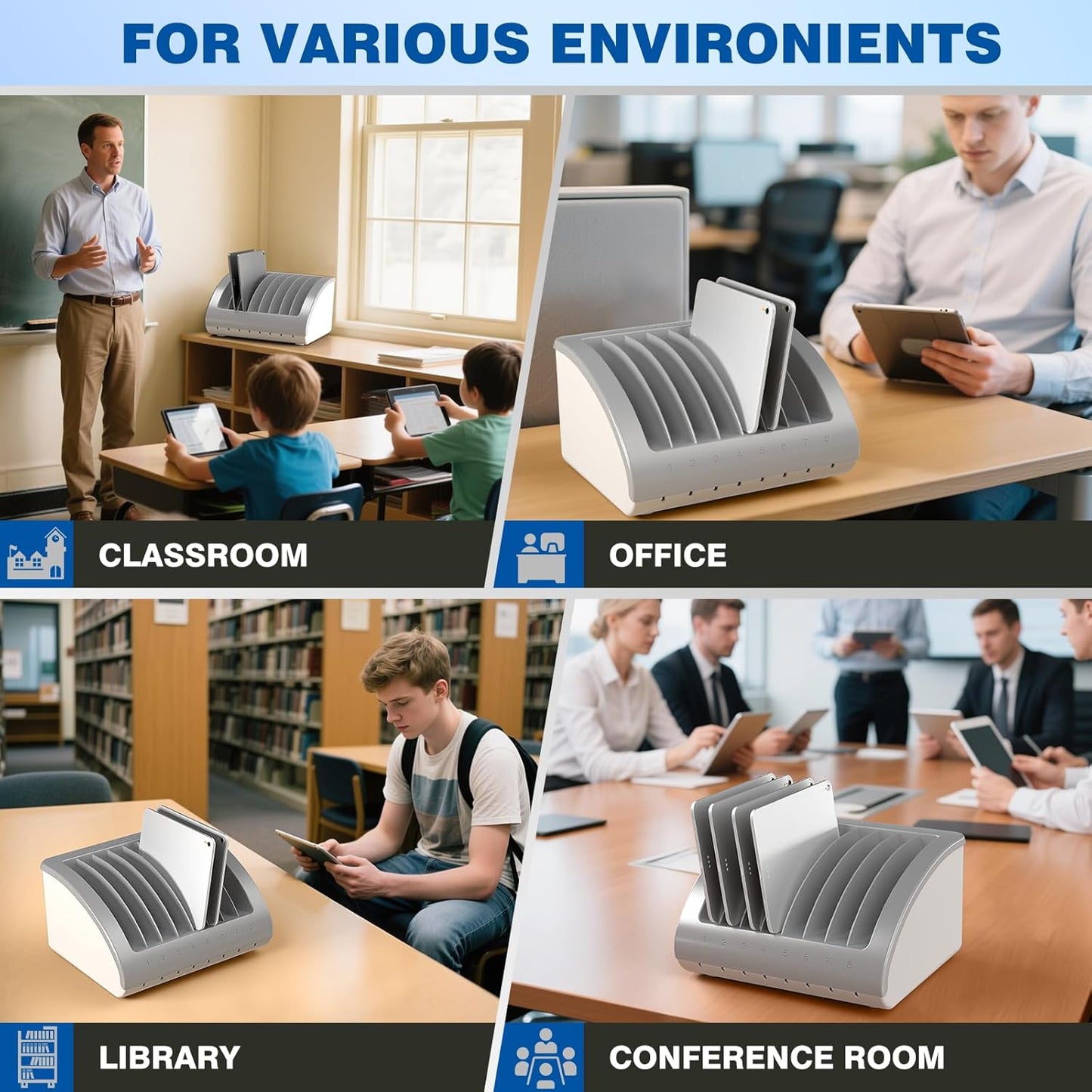 POCHAR 8-Device Universal Charging Station for Laptops & Chromebooks – Classroom Organization for iPads, Tablets & More, Ideal for Schools & Offices