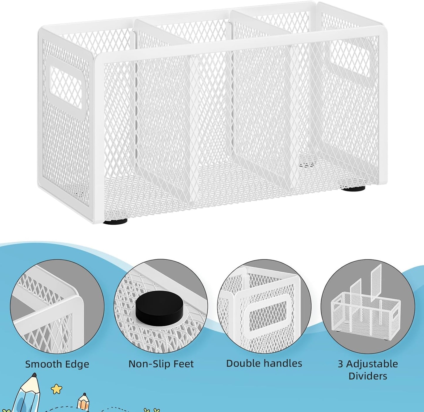 Marbrasse Mesh Pen Holder for Desk,Pencil Holder Desk Organizer 3 Adjustable Compartments,Pencil Cup with Handle Perfect for Classroom, Office, Home,Makeup,Art (Black)