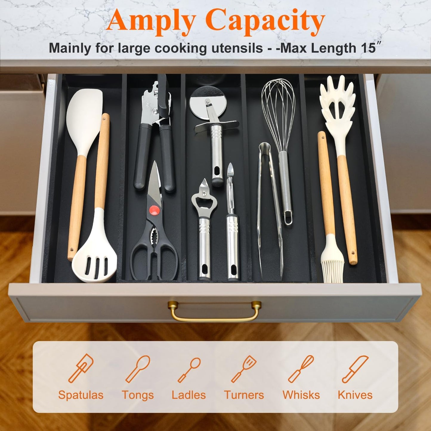 Large Bamboo Silverware Drawer Organizer Tray Kitchen Tool Drawer Divider Organizers Storage Expandable Cooking Utensil Organizer Wooden Cutlery Tray Spoon Flatware Organizers Utensil Holder Drawers
