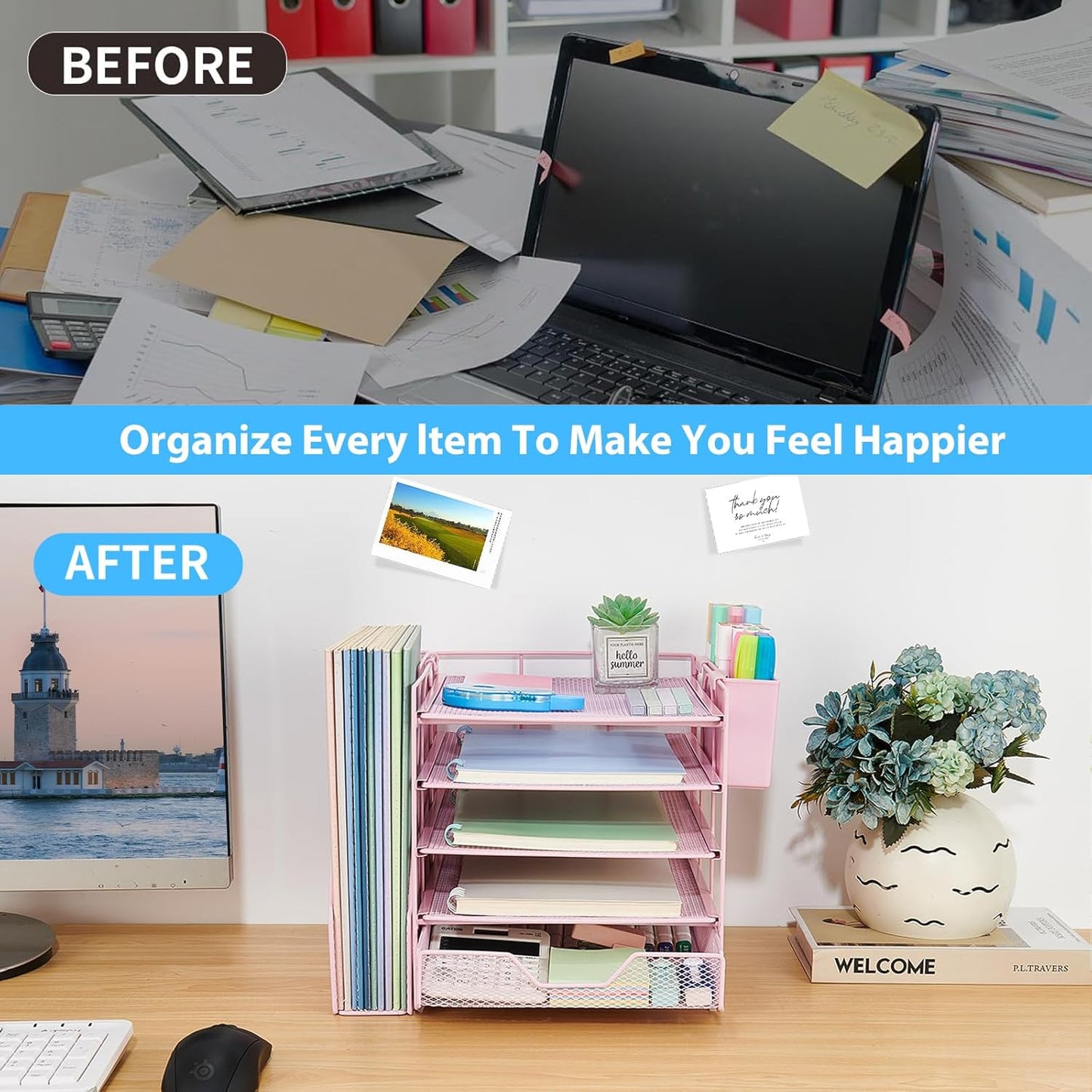 Desk Organizer, 5-Tier Paper Letter Tray Organizer with File Holder, Drawer and Pen Holder, Desktop Organizer for Office Supplies, Black