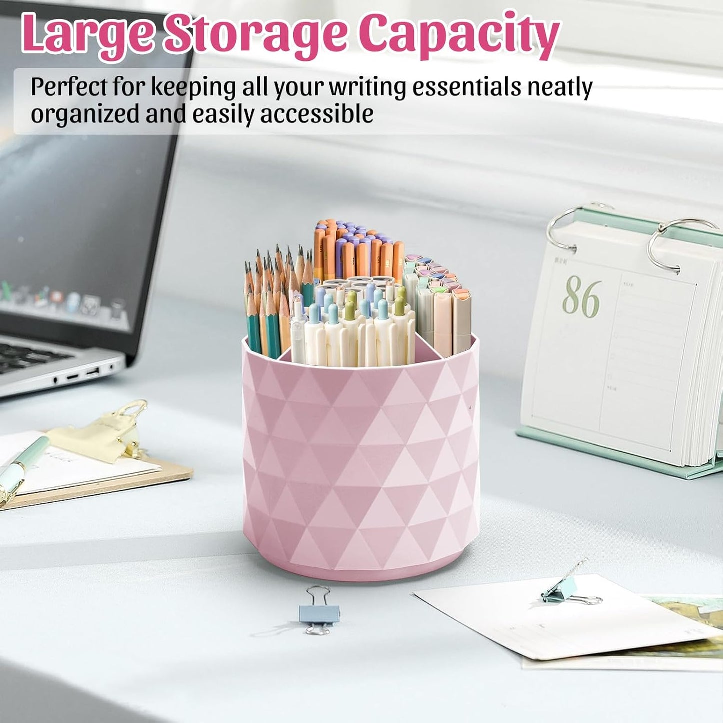 minimaliving Desk Organizer,Sparkling Diamond-like Pen Holder for Desk 360°Rotating Office Accessories,Pencil Cup with 5 Compartments Storage Box Caddy for Office,School,Home,Art Supply(White)