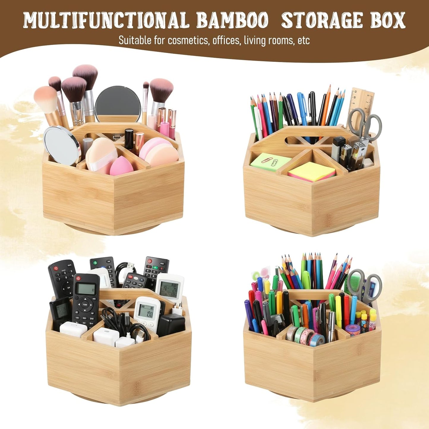 Bamboo Rotating Art Supply Desk Organizer, Rotating Marker Organizer for Alcohol Markers, Office Supplies Desktop Storage Caddy, 360-Degree Rotatings Bamboo Storage for Pencils, Pen, Paint Brushes