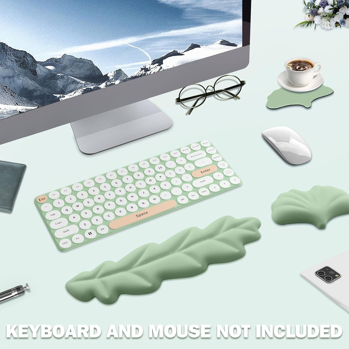 Keyboard Wrist Rest Pad Set, Leaf Shape PU Leather Memory Foam Wrist Cushion Support,Mouse Wrist Rest Pad,Non-Slip Wrist Support for Easy Typing Pain Relief, Green Leaf