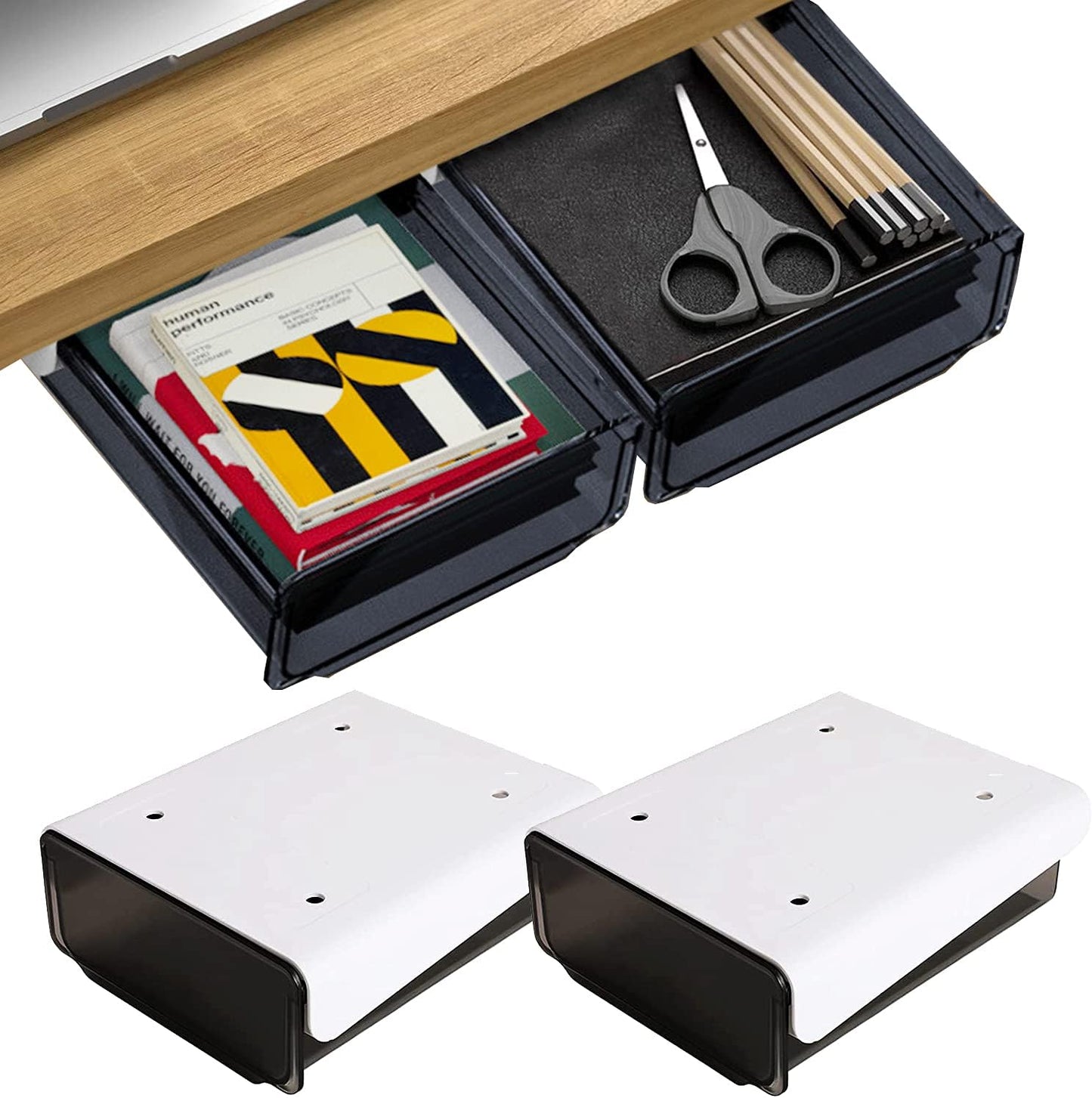 Self-adhesive Under Desk Drawer Organizer, 2 Pack Table Hidden Slide Out Large Storage Mounted Desktop Pencil Holder Tray Drawers for Office Home School Stationery Kitchen (Large, White)