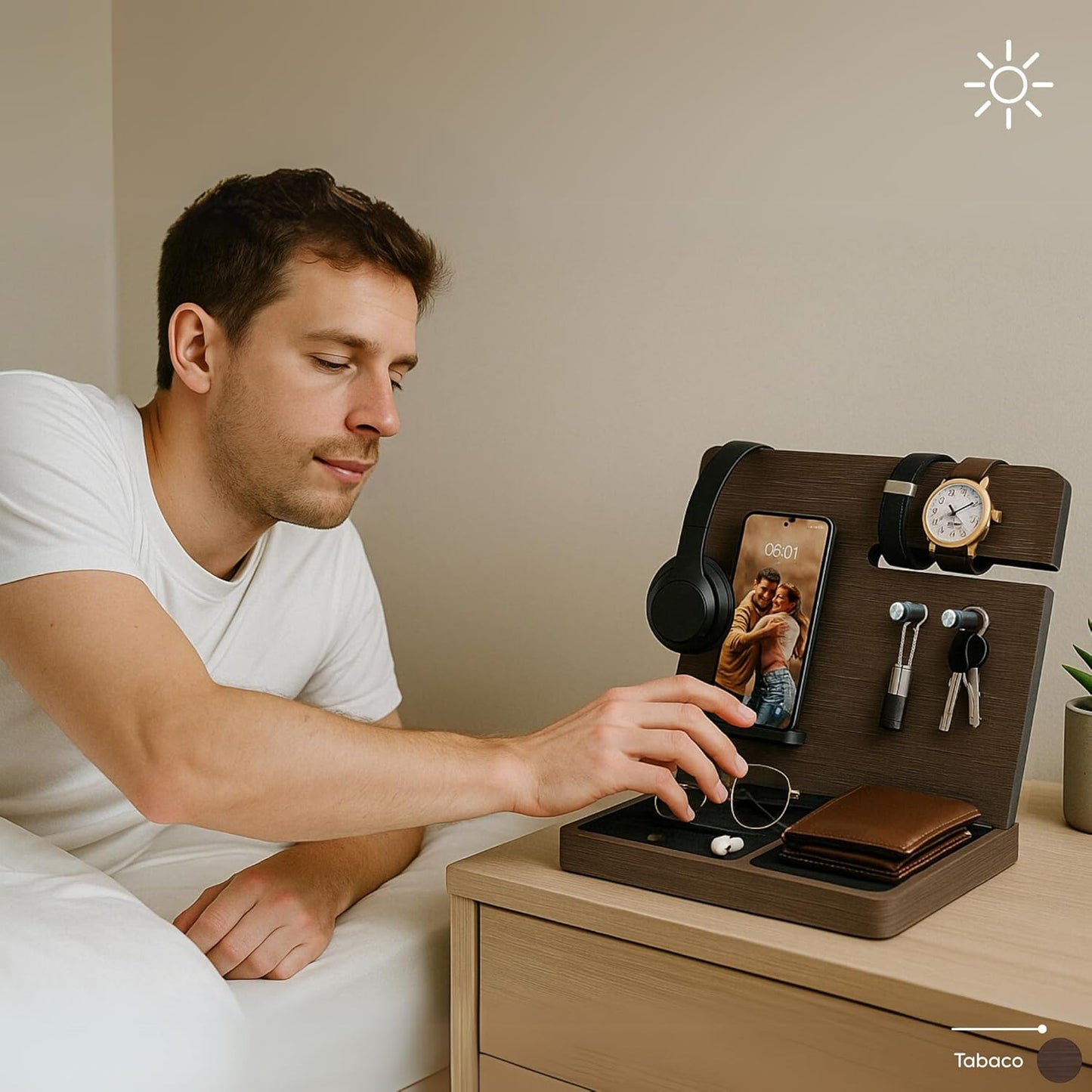 Namore Nightstand Organizer for Men – Wood Phone Docking Station & Bedside Valet Tray Organizer for Wallet, Watch & Keys – Unique Gifts for Men, Husband, Dad