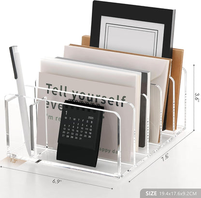 SANRUI 5 Compartments Acrylic Mail Sorter Holder, Clear Document Magazine Envelope File Rack, Vertical Letter Sorter & Multifunction Desk Organizer for Bills, Documents, Notebooks