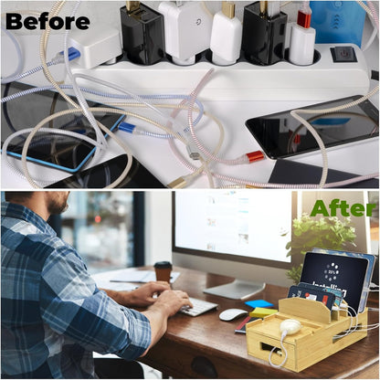 ZOOFOX Bamboo Charging Station for Multiple Devices, Desk Docking Station with Removable Divider Slots and Drawer, Bedside Charging Station Compatible with Smartphone, Tablet, Laptop, Earphone