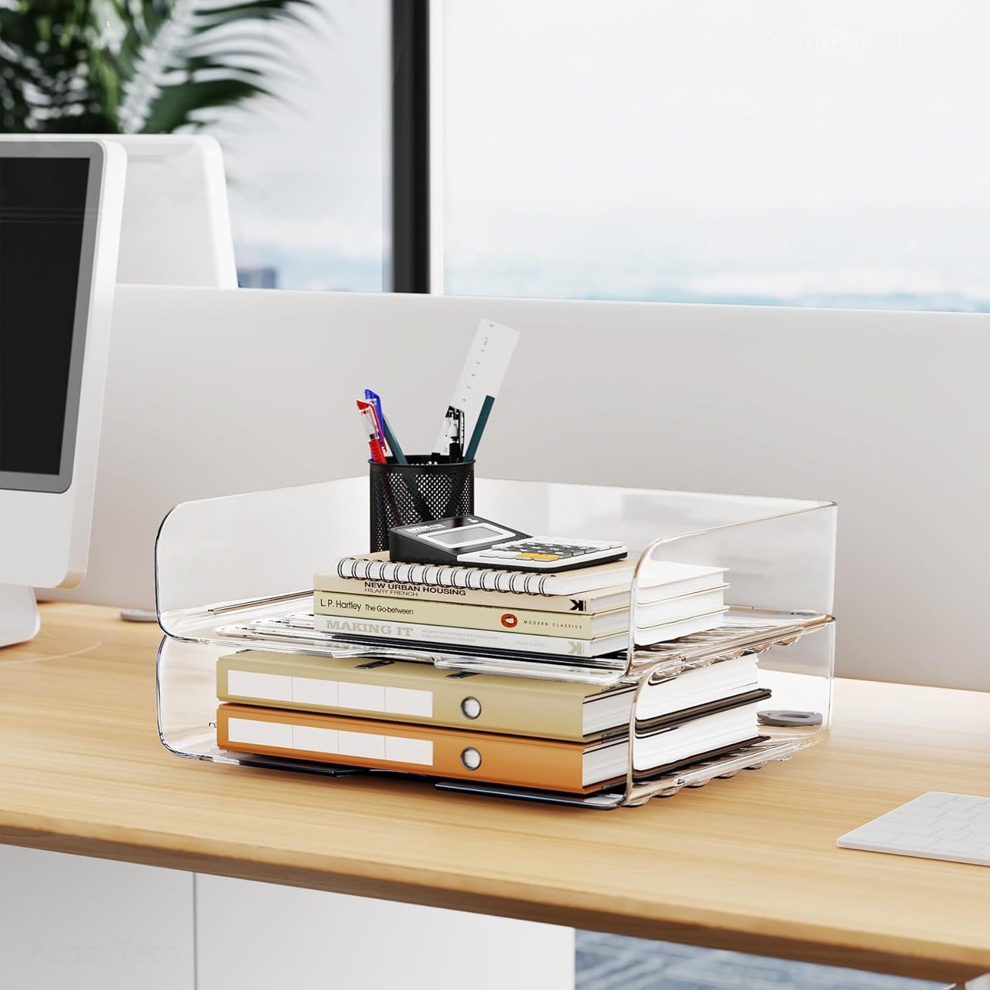 Tomorotec Desk Letter Tray Set, A4 Size Clear PET Stackable Document Organizer Office Desktop File Paper Holder Book Storage Rack Side Load Anti-Skid Stacking Support Convex Bottom (2X Landscape)