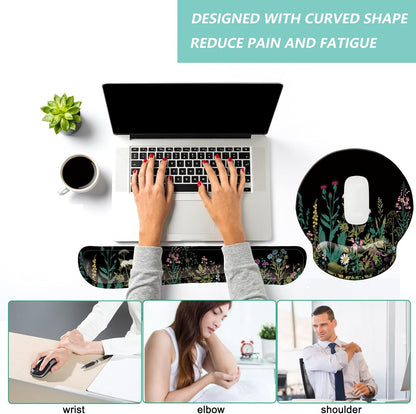 Keyboard Wrist Rest Pad Mouse Pad with Wrist Support Set of 3, Mousepad with Non-Slip Rubber Base, Ergonomic Memory Foam Mouse Wrist Cushion Support for Home Office Laptop Computer, Flower Black