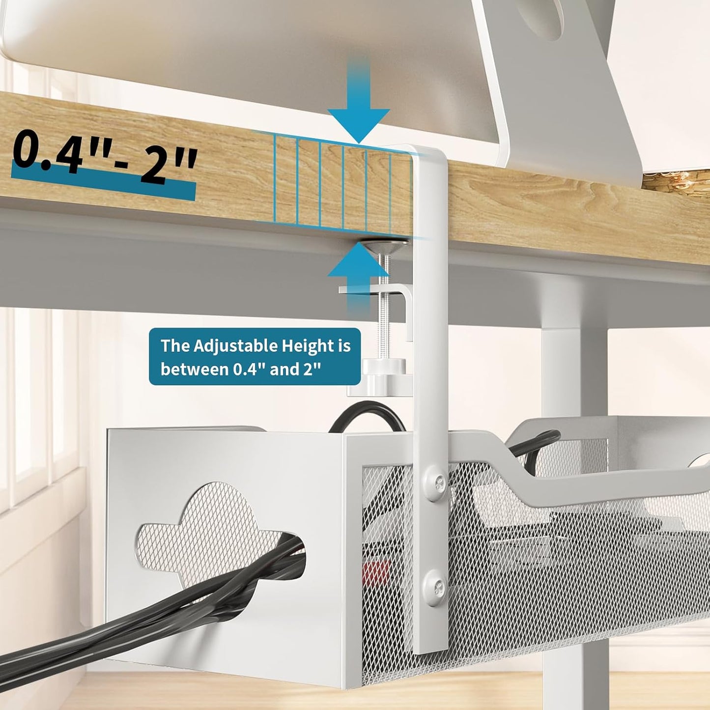 Under Desk Cable Management Tray No Drill, Metal Mesh Cable Management Under Desk with Clamp Mount, 2 Hole Cable Tray with Wire Management and Cord Organizer for Home Office Standing Desk