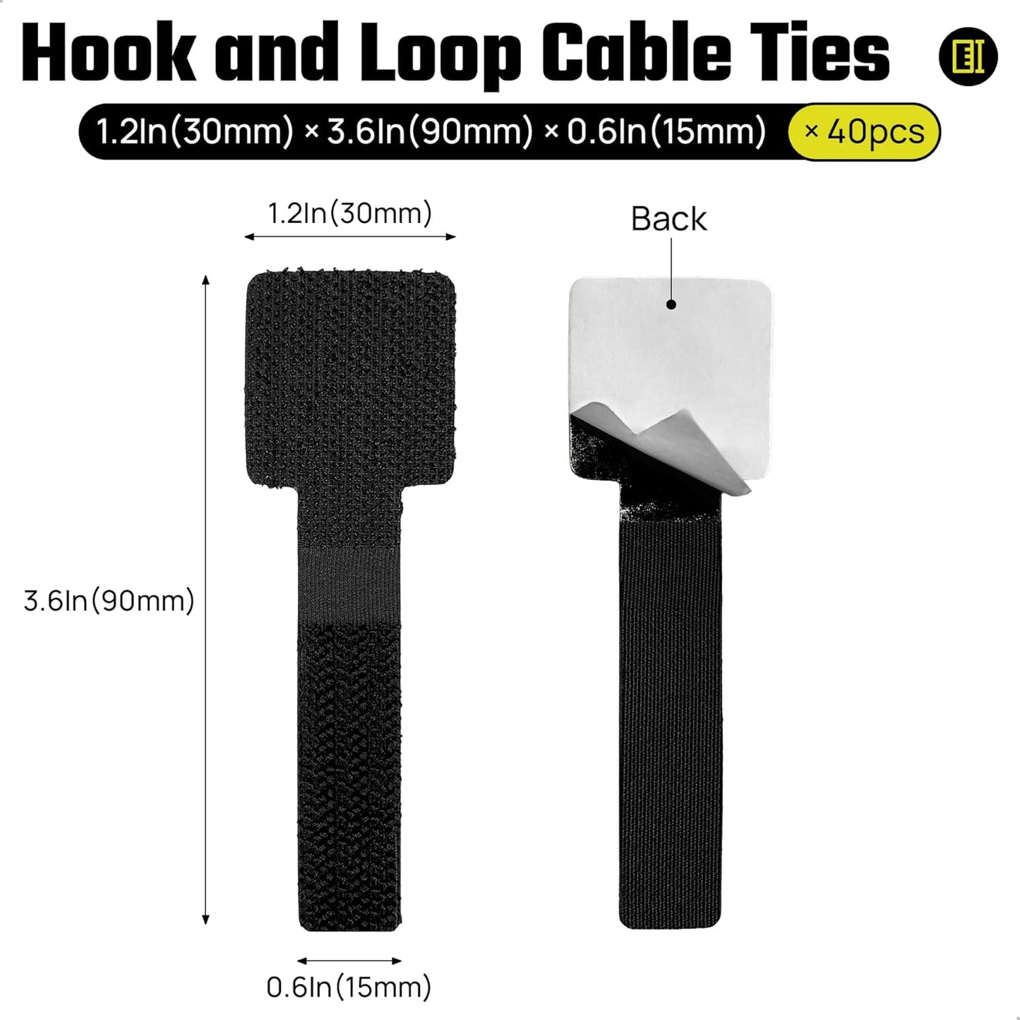 Matenf Under Desk Cable Management Kit - 40 PCS Self-Adhesive Hook & Loop Cable Organizers, Adjustable Cord Hider for Desk, Cable Ties in Office, Home, Kitchen (Black)