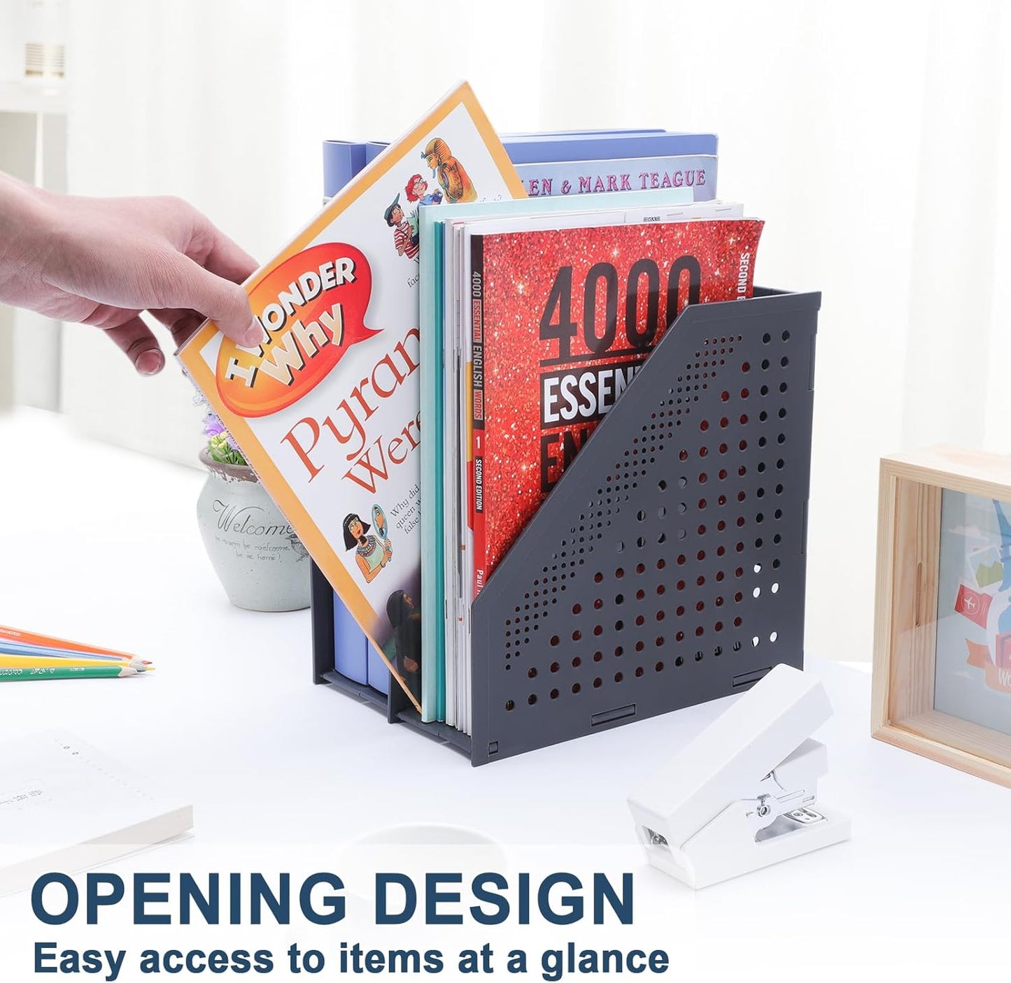 FRETONBA Collapsible Magazine File Holder with 2 Vertical Compartments Foldable Binder Holder for Desk Binder Storage Organizer Plastic Magazine Holders for Shelf, Dark Gray