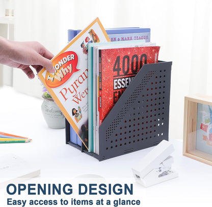 FRETONBA Collapsible Magazine File Holder with 2 Vertical Compartments Foldable Binder Holder for Desk Binder Storage Organizer Plastic Magazine Holders for Shelf, Dark Gray