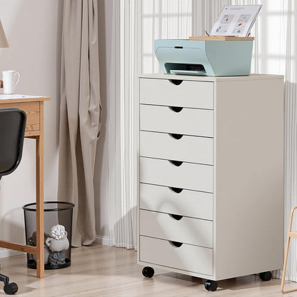 OLIXIS 7 Drawer Mobile File Cabinet Under Desk Storage Organization with Wheels Vertical Filing Chest Rolling Wood Small Desk Printer Stand for Home Office, 15.75"D x 18.74"W x 34.25"H, Black