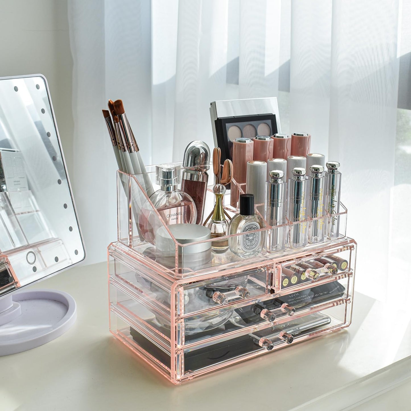 Ikee Design Acrylic Makeup Organizer with 4 Drawers and Removable Top Lipstick Holders, Ideal for Make-up or Accessories,Enhance Your Vanity or Bathroom with Clear Design for Quick Visibility