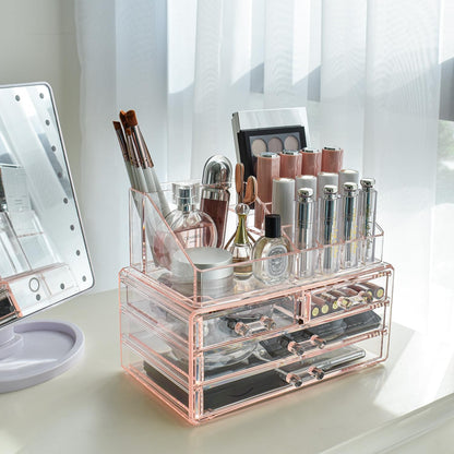 Ikee Design Acrylic Makeup Organizer with 4 Drawers and Removable Top Lipstick Holders, Ideal for Make-up or Accessories,Enhance Your Vanity or Bathroom with Clear Design for Quick Visibility