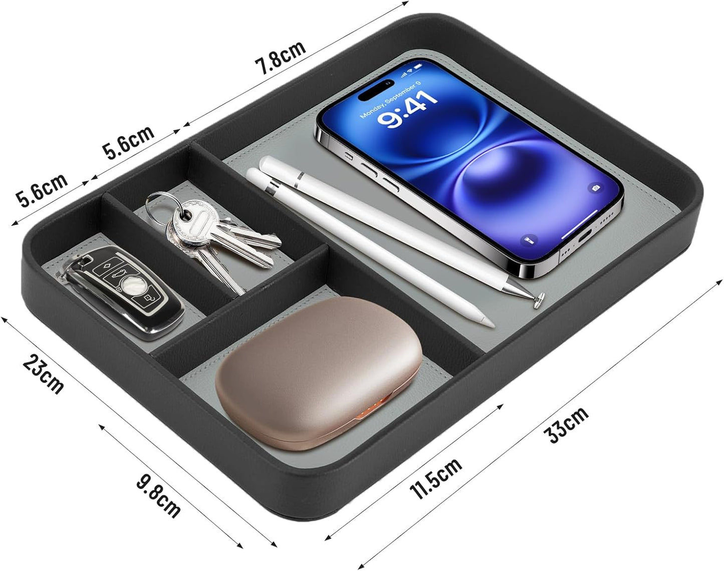 Valet Tray for Men, PU Leather Desk & Nightstand Organizer - Two-Toned Catch All Tray for Keys, Wallet, Watch, Jewelry and EDC Gear (black)