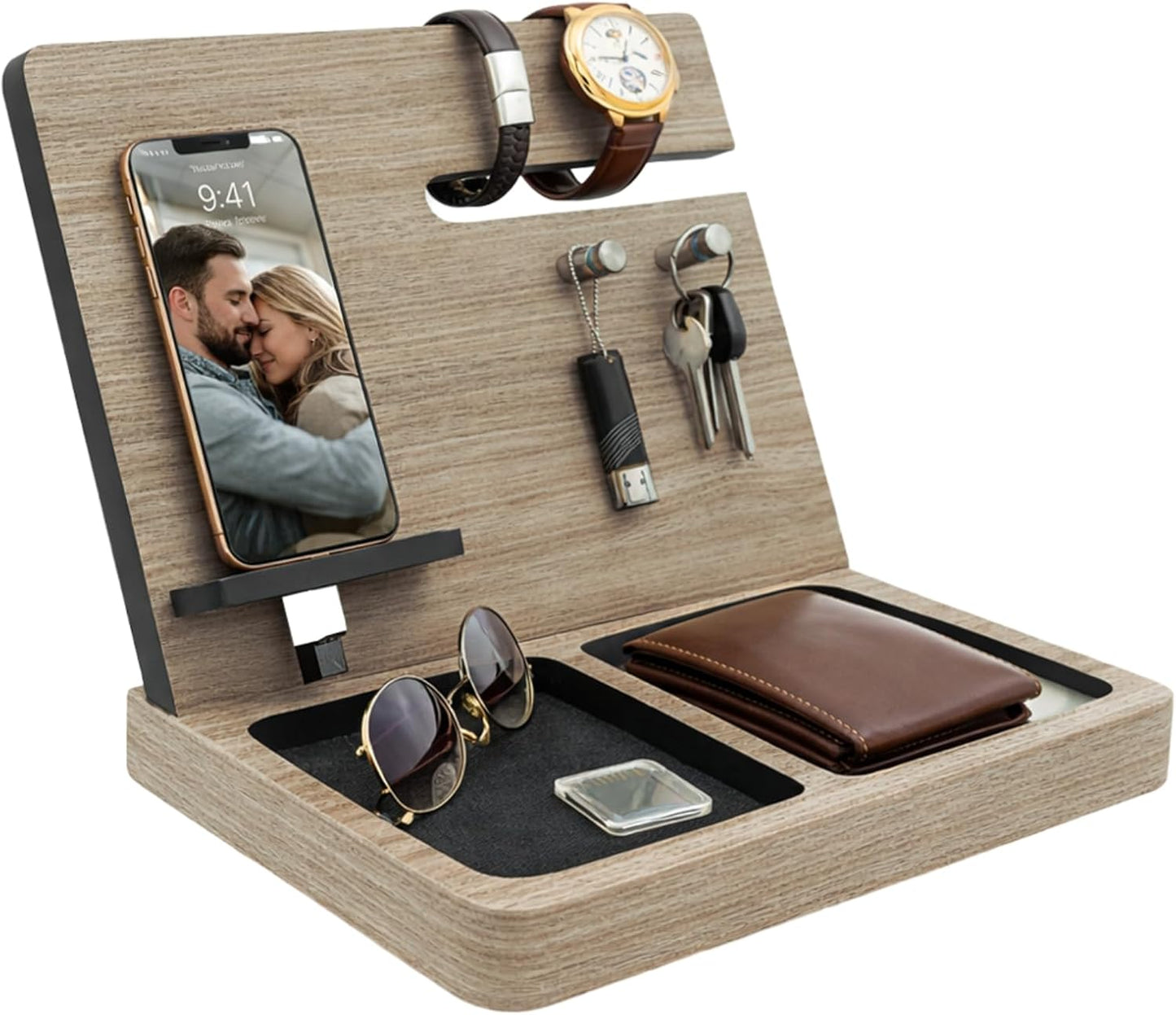 Namore Nightstand Organizer for Men – Wood Phone Docking Station & Bedside Valet Tray Organizer for Wallet, Watch & Keys – Unique Gifts for Men, Husband, Dad