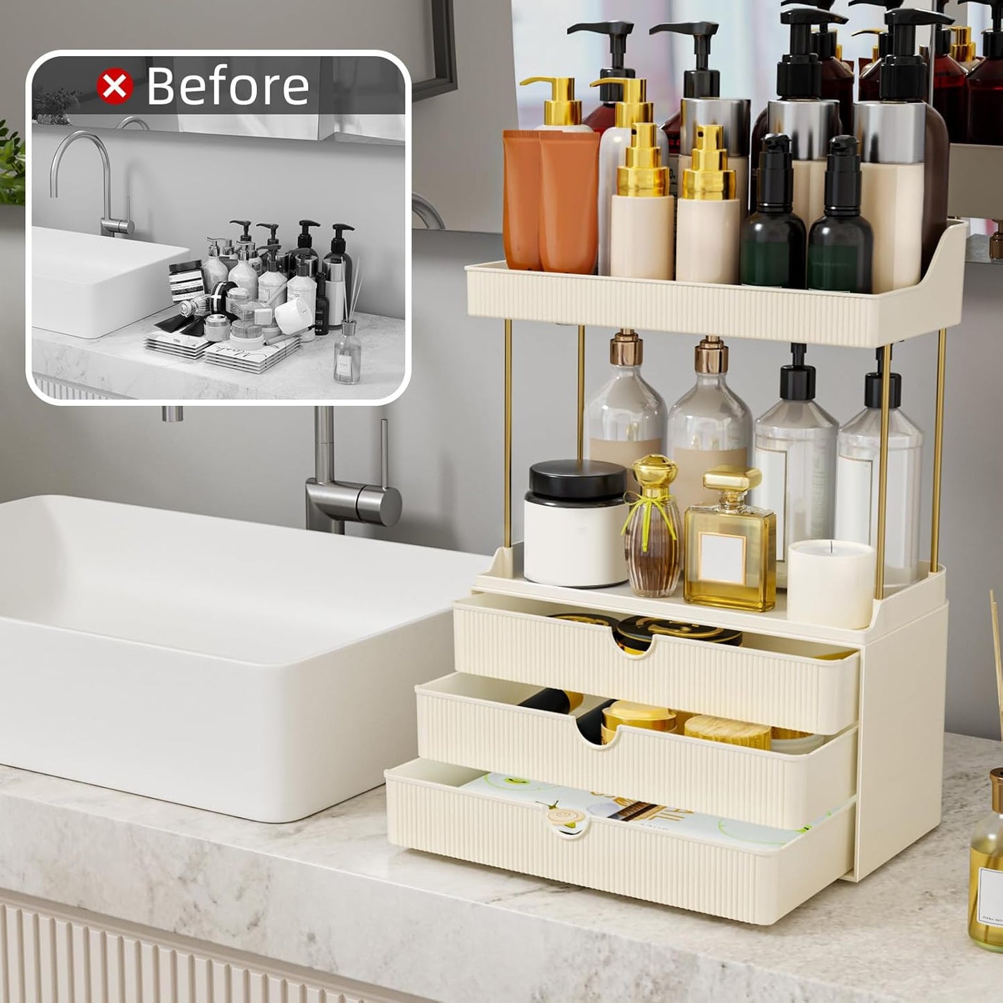 StorBin 3 Large Drawers Makeup Organizer - 5 Tier Bathroom Counter Organizers and Storage, Versatile Perfume Vanity Organizer, Ideal for Cosmetic, Large Skincare, Face Mask, Office Supplies, Amber