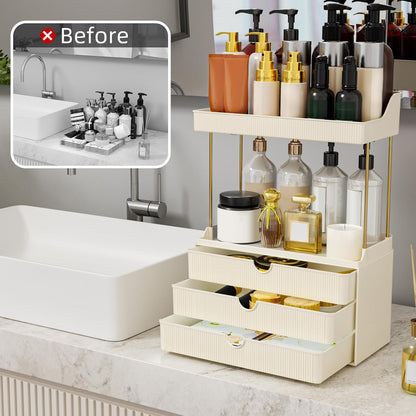 StorBin 3 Large Drawers Makeup Organizer - 5 Tier Bathroom Counter Organizers and Storage, Versatile Perfume Vanity Organizer, Ideal for Cosmetic, Large Skincare, Face Mask, Office Supplies, Amber