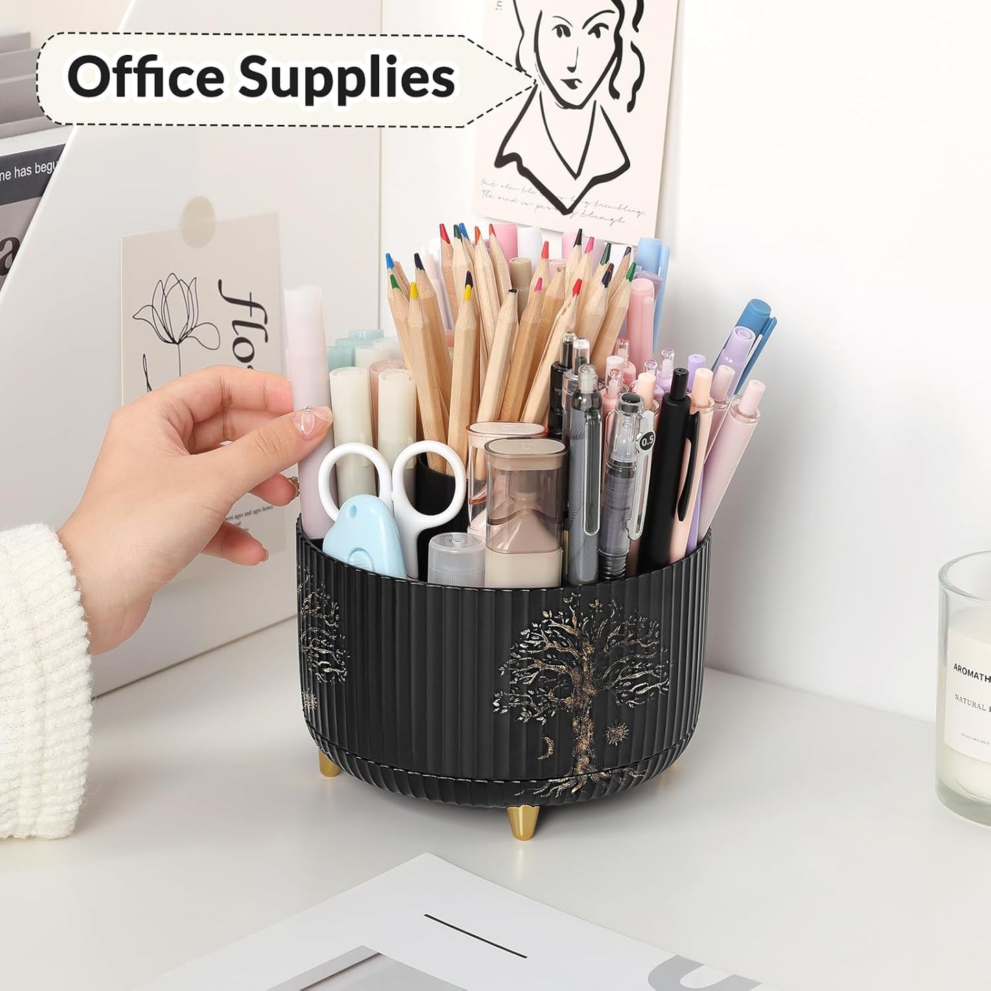 SKYDUE 360 Rotating Purple Pen & Art Supply Organizer - 5 Slot Desk Organizer for Office, School, Home