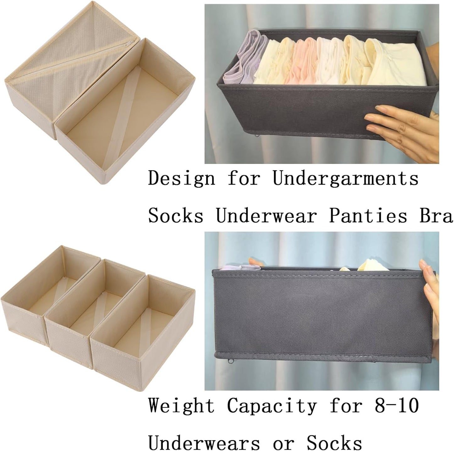 Bructhun Foldable Fabric Drawer Organizer Set 4 Pack Dresser Dividers - Sock Underwear Storage Bins Gray