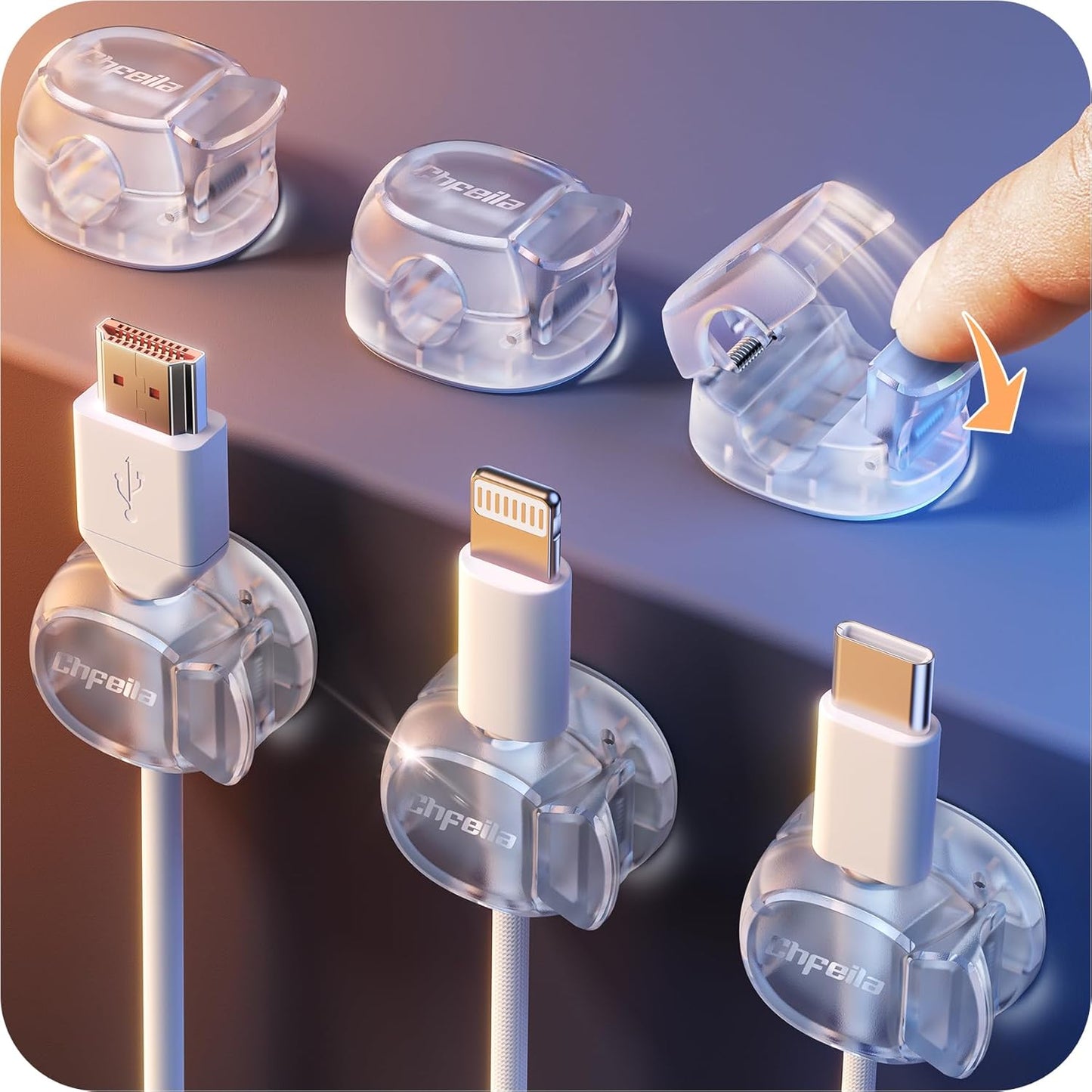 8Pack Cord Organizer [Dual Spring & Clasp, Max Secure] Cable Clips - Chfeila Cable Management, Adhesive Phone Charging Wire Holder for Nightstand/Wall, Home Office Desk Accessories Decor Essentials
