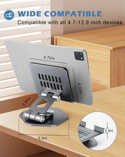 Aluminum Tablet Stand for Desk, 360° Swivel iPad & Tablet Holder – Thickened Material & Foldable Desktop Mount for 5–12.9in Devices, Black
