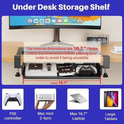 BYMECOST No Drill Under Desk Storage Shelf, Metal Under Desk Drawer Organizer with Clamp, Mount Under Desk Shelf Adds Tray, Desk Drawer for Office Desks, Table, Gaming Desk, Workstations (White)