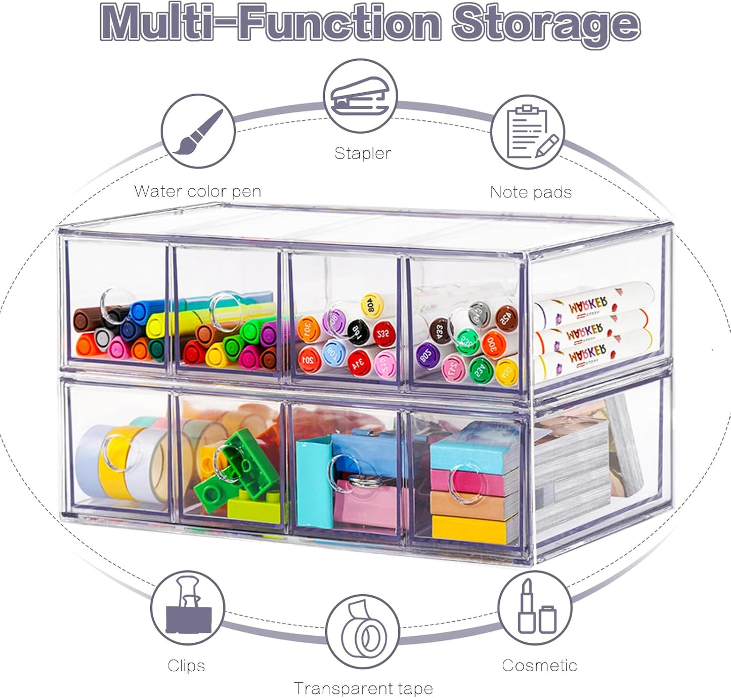 Desk Organizer with 4 Drawers, FODIENS Stackable Desktop Storage Box with Removable Drawer, Clear Sunglasses Organizer Display Case for Stationery Marker Pens Eyeglasses Office Supply