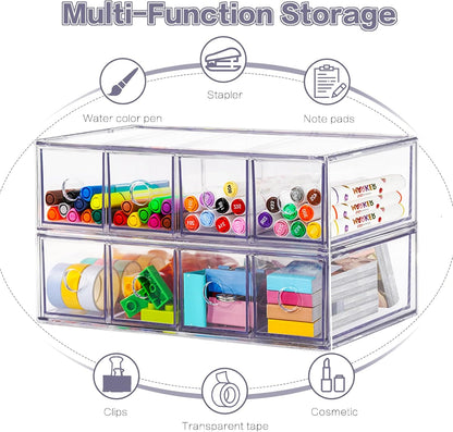 Desk Organizer with 4 Drawers, FODIENS Stackable Desktop Storage Box with Removable Drawer, Clear Sunglasses Organizer Display Case for Stationery Marker Pens Eyeglasses Office Supply