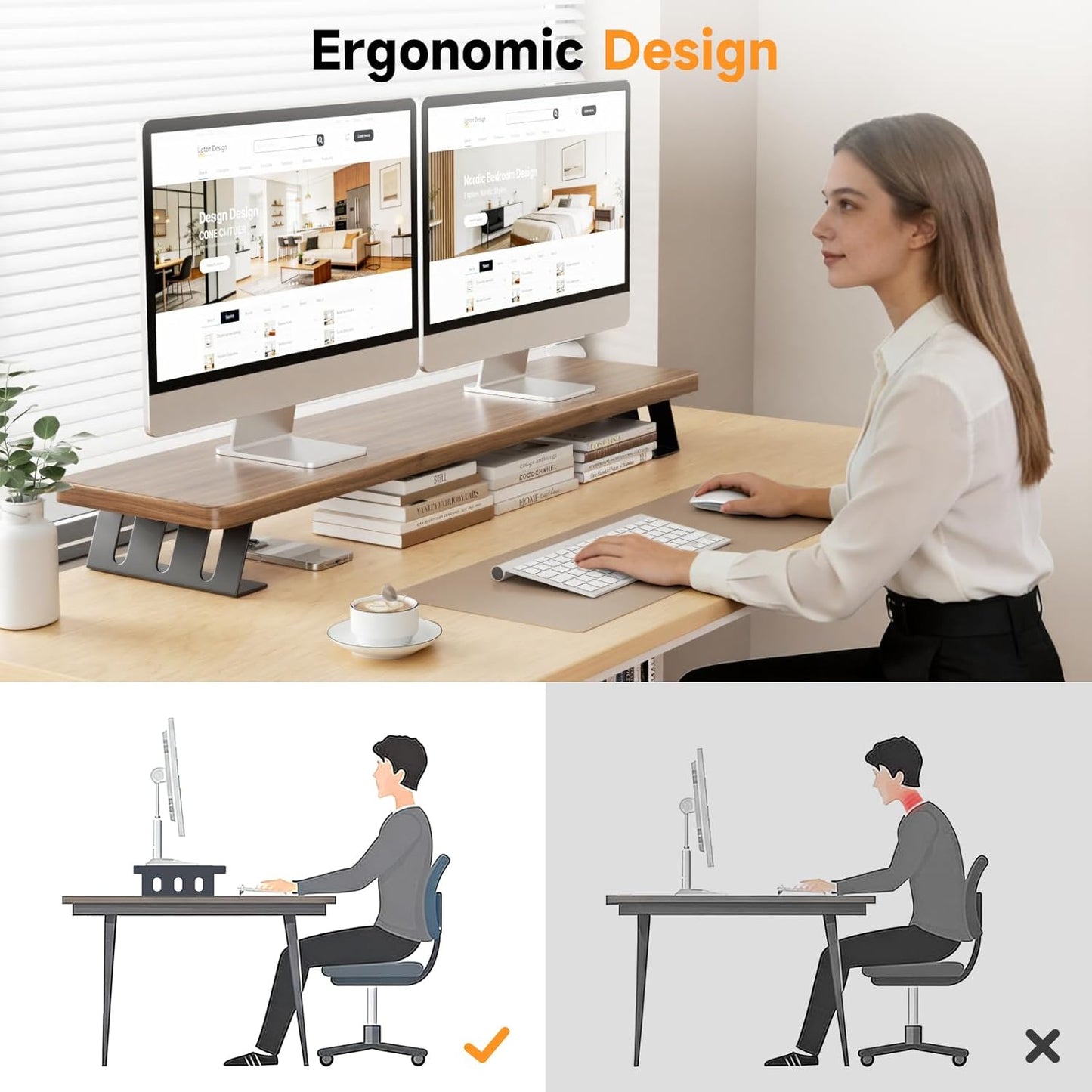 Monitor Stand Riser, 39 Inch Large Wood Monitor Stands for 2 Monitors