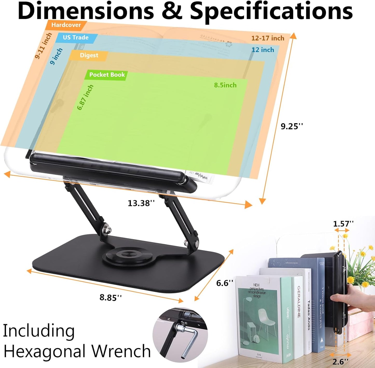 ASIEIT Desk Clamp Book Stand, Aluminum Book Holder Adjustable Height & Angle, Cookbook Stand for Kitchen, Recipe Book Holder with 360° Swivel Base, Book Stand for Reading, Office, Laptop