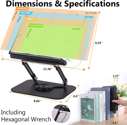 ASIEIT Desk Clamp Book Stand, Aluminum Book Holder Adjustable Height & Angle, Cookbook Stand for Kitchen, Recipe Book Holder with 360° Swivel Base, Book Stand for Reading, Office, Laptop