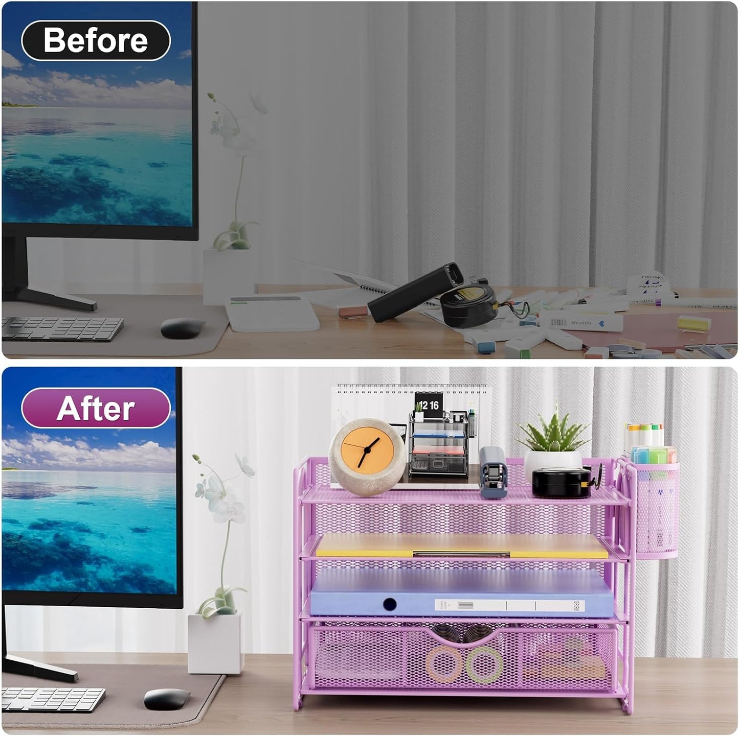 Marbrasse Desk Organizer and Accessories，4-Tier Paper Letter Tray Organizer with File Holder，Desk Accessories & Workspace Desktop Organizers for School Home Office Supplies (Blue)
