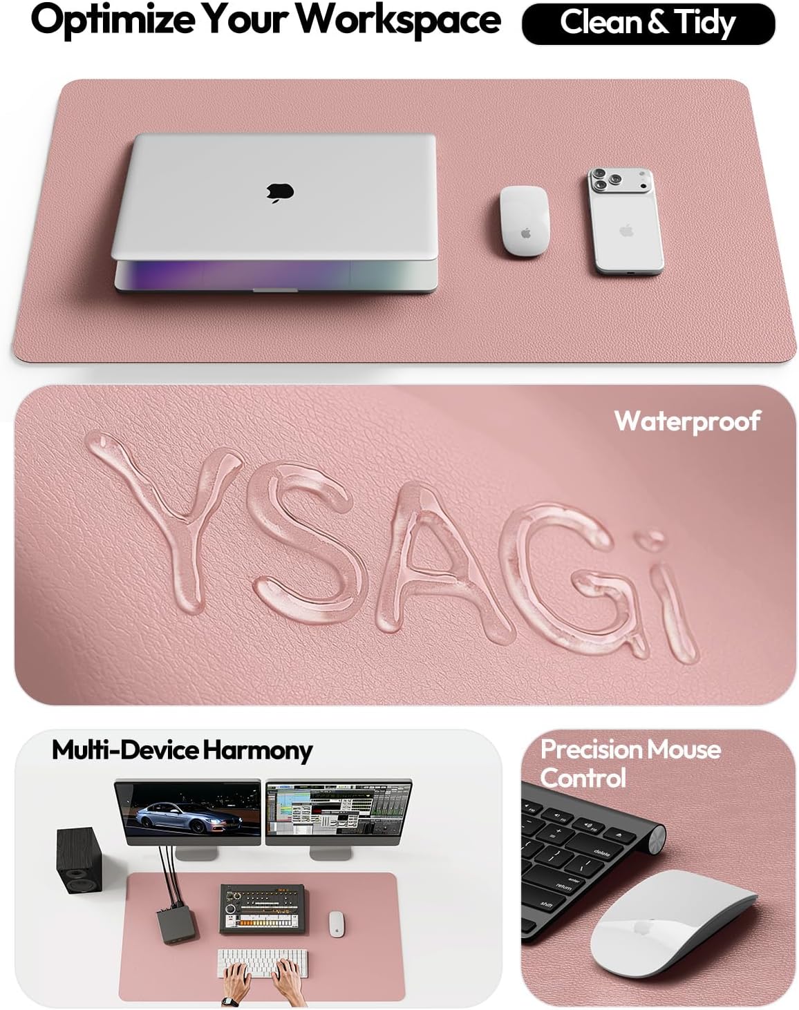 YSAGi Leather Desk Protector, Office Mat, Large Mouse Mat, Non-Slip PU Leather Blotter, Laptop Pad, Waterproof Writing Pad for Office and Home (Light Pink, 23.6" x 13.8") - Colors B