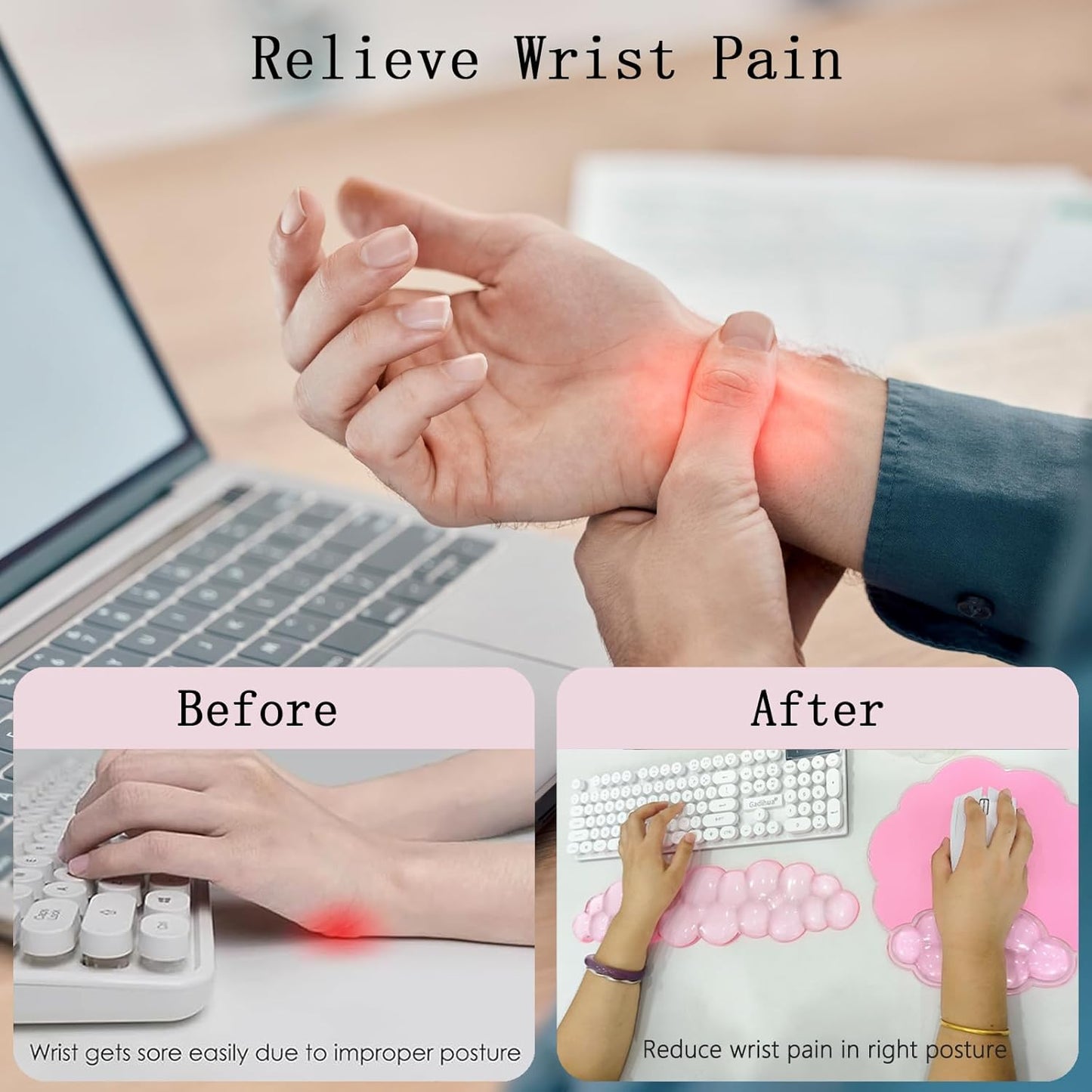 Cloud Wrist Rest Keyboard Pink Mouse Pad Set with Wrist Rest Ergonomic Wrist Pad Memory Foam Non-Slip Base Cute Gradient Wrist Support for Computer Laptop Gaming Home Office Relief Typing Pain